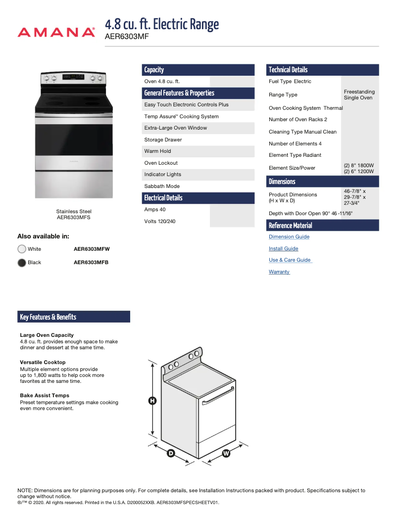 Page 1 de la notice Fiche technique Amana AER6303MFW