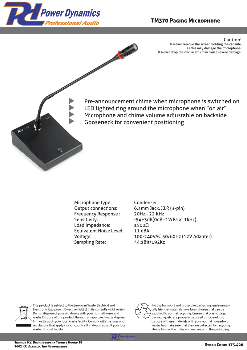 Página 1 del manual Ficha técnica Power Dynamics TM370
