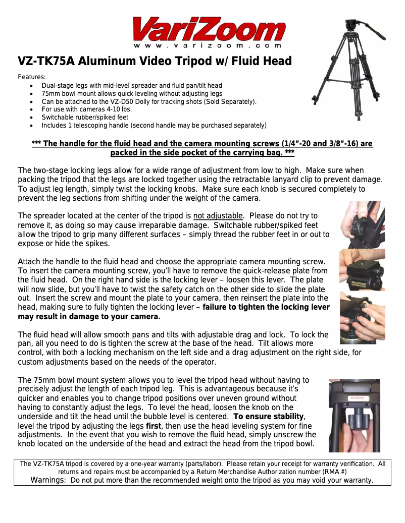 Page 1 de la notice Manuel utilisateur VariZoom VZ-TK75A