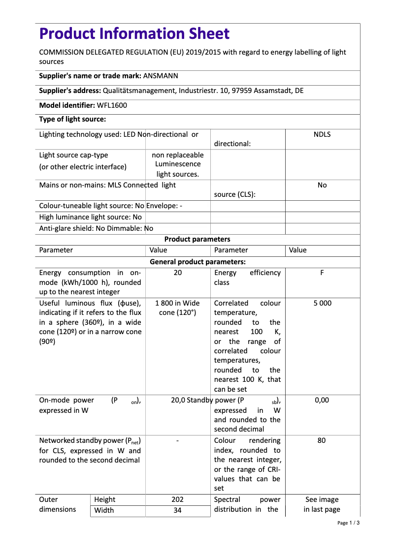Page 1 de la notice Fiche technique Ansmann WFL1600