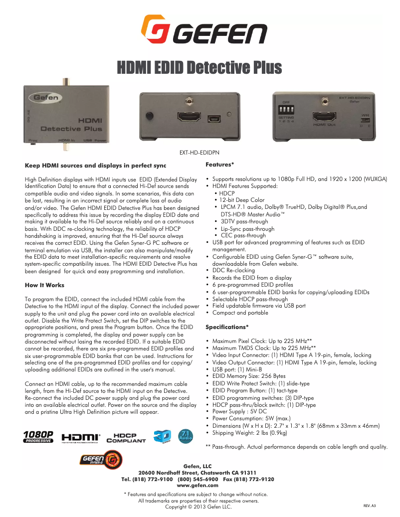 Page 1 de la notice Brochure Gefen EXT-HD-EDIDPN