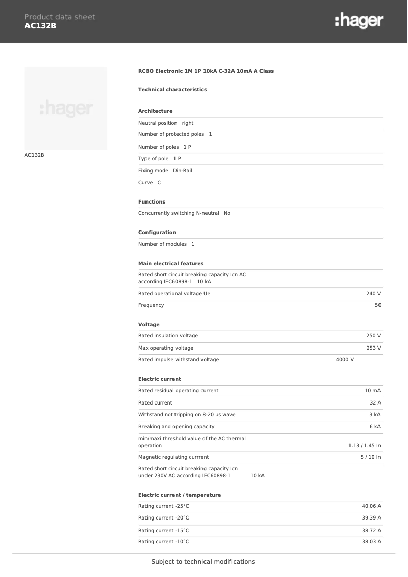 Page n°1 - Fiche technique Hager AC132B