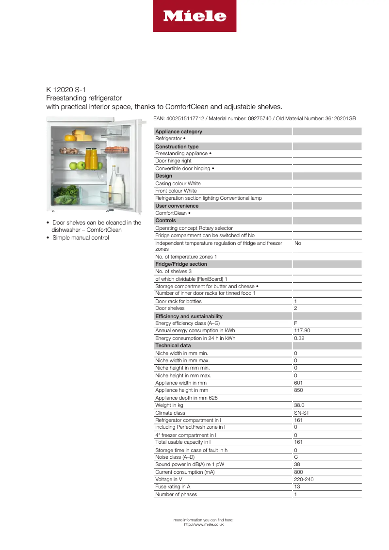 Page n°1 - Fiche technique Miele K 12020 S-1