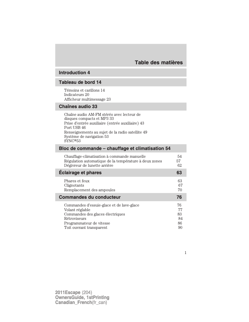 Page 1 de la notice Manuel utilisateur Ford Escape (2011)