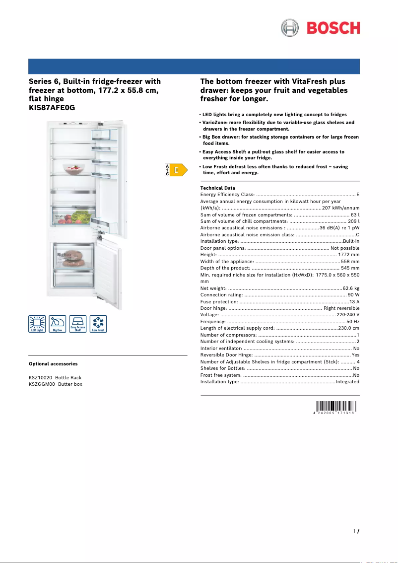 Page n°1 - Fiche technique Bosch KIS87AFE0G