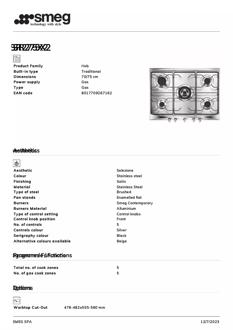 Page 1 de la notice Fiche technique Smeg SR275X2
