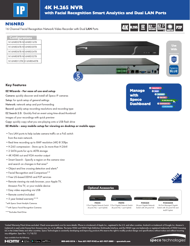 Page 1 de la notice Fiche technique Speco Technologies N16NRD