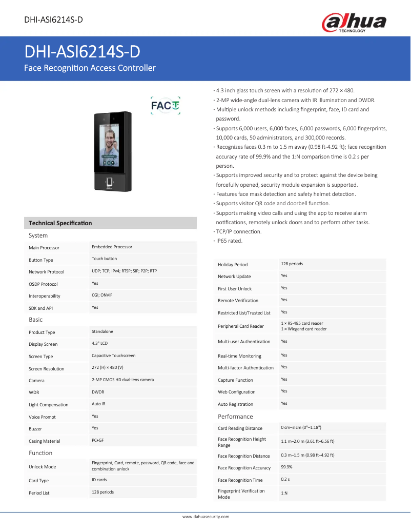 Page 1 de la notice Fiche technique Dahua Technology ASI6214S-D