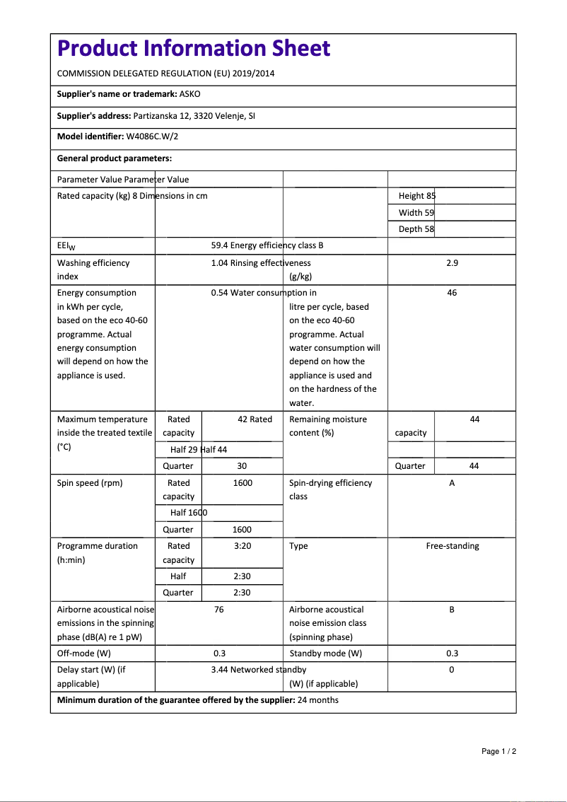 Page 1 de la notice Fiche technique Asko W4086C.W