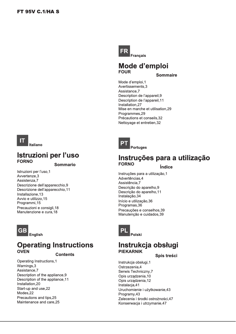 Page 1 de la notice Manuel utilisateur Hotpoint Ariston FT 95VC.1 (AN) /HA S