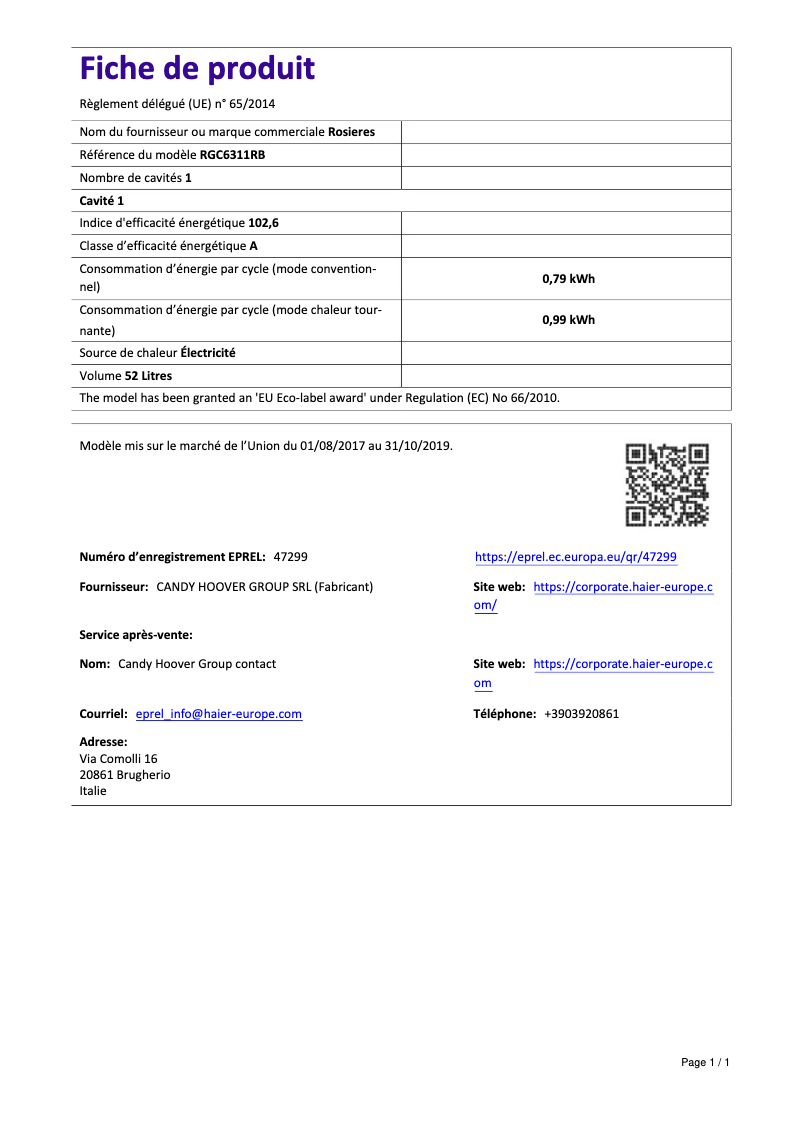 Page 1 de la notice Fiche technique Rosieres RGC 6311 RB