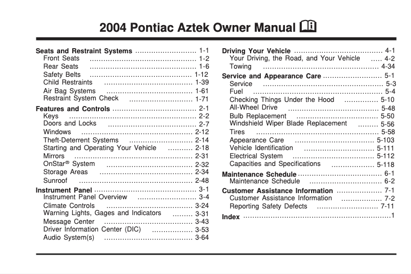 Page n°1 - Manuel utilisateur Pontiac Aztek (2003)