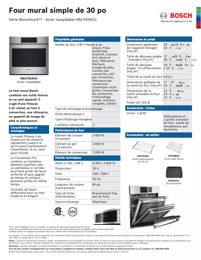 Page 1 de la notice Fiche technique Bosch HBLP454UC