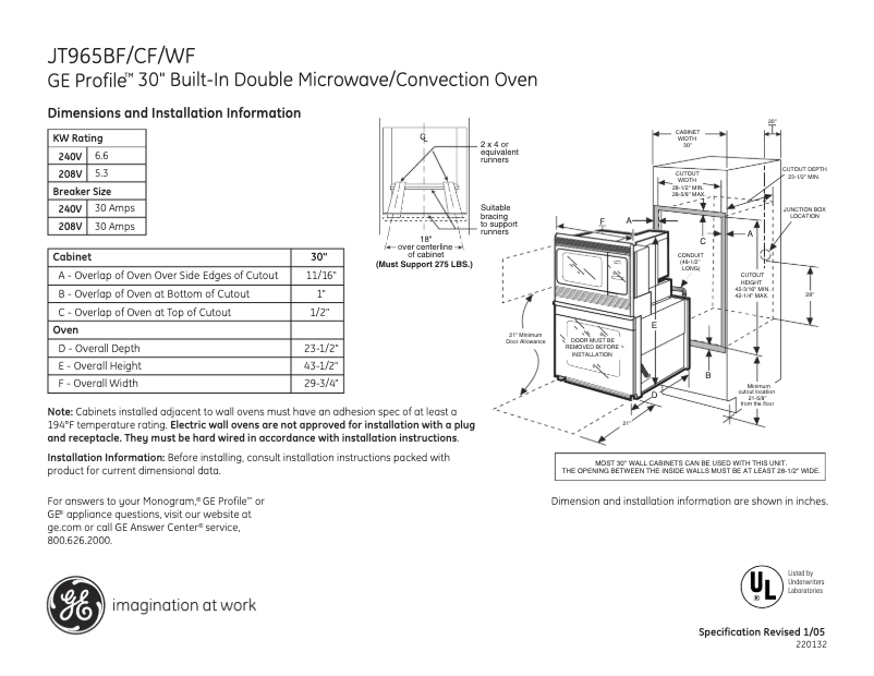 Page 1 of the manual Technical Sheet GE Profile JT965WFWW