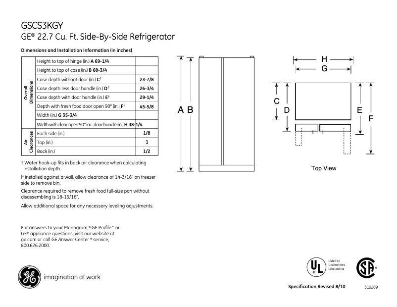 Page n°1 - Fiche technique GE GSCS3KGYSS