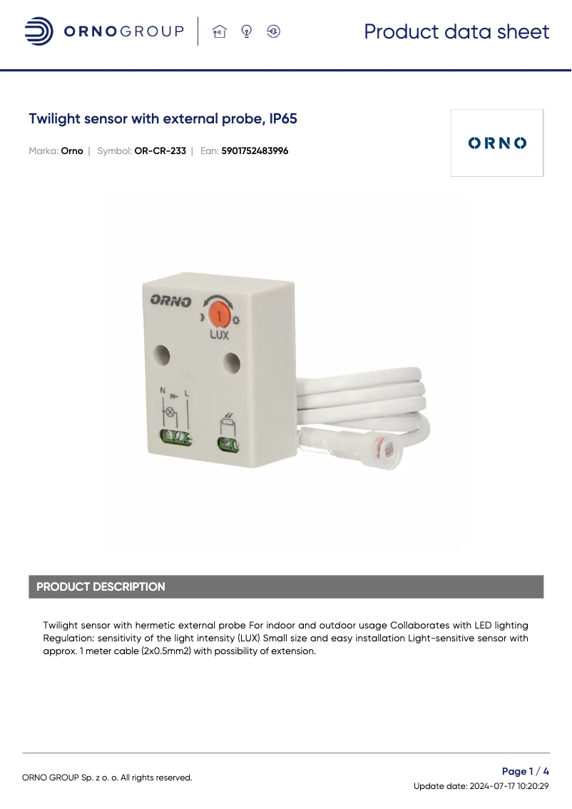 Page 1 de la notice Fiche technique ORNO OR-CR-233