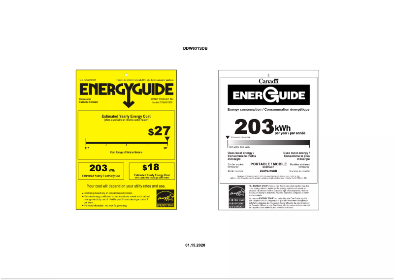 Page 1 de la notice Label énergétique Danby DDW631SDB
