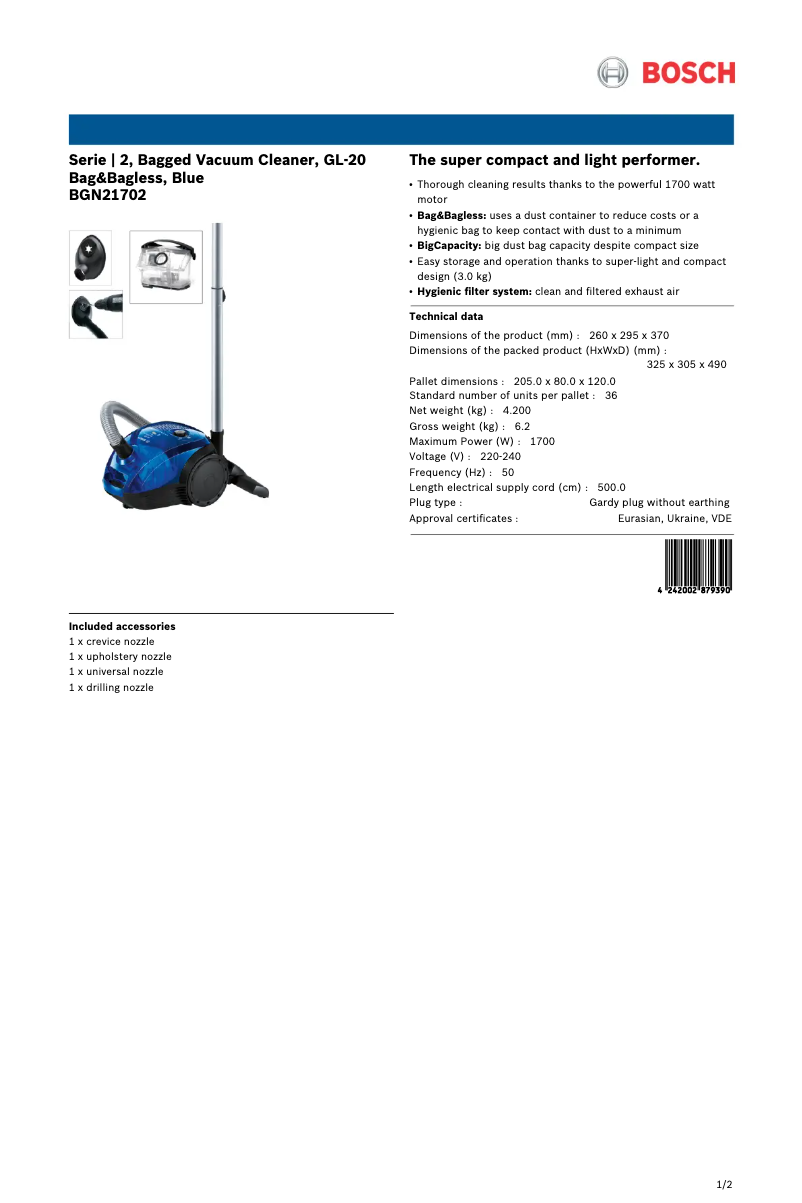 Page n°1 - Fiche technique Bosch BGN21702