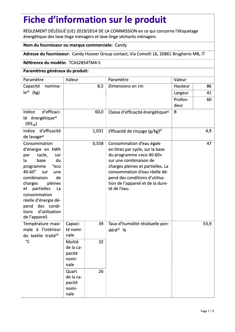 Image de la première page du manuel de l'appareil TCAS2854TM4-S