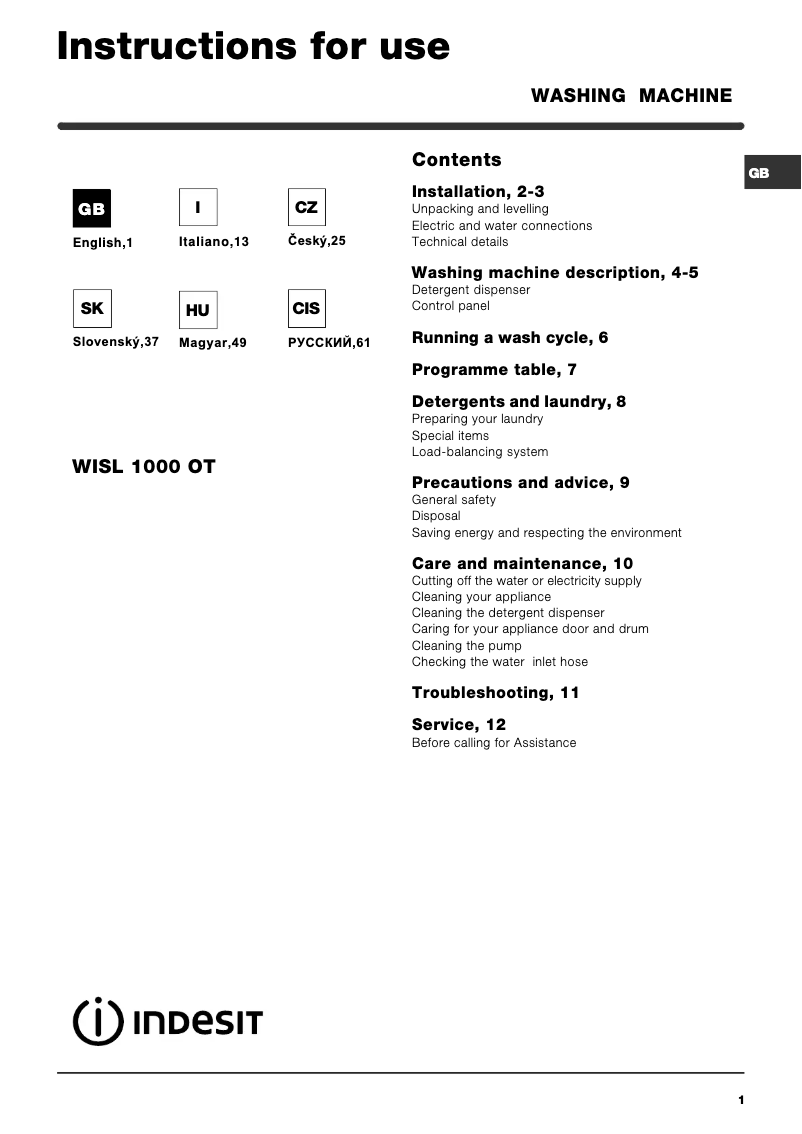 Image de la première page du manuel de l'appareil WISL 1000 OT