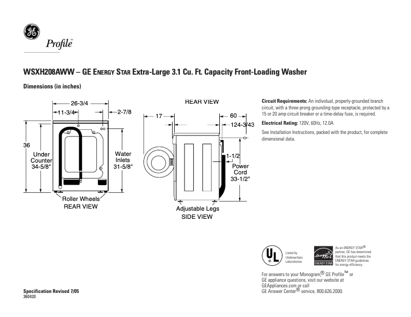 Page 1 de la notice Fiche technique GE WSXH208AWW