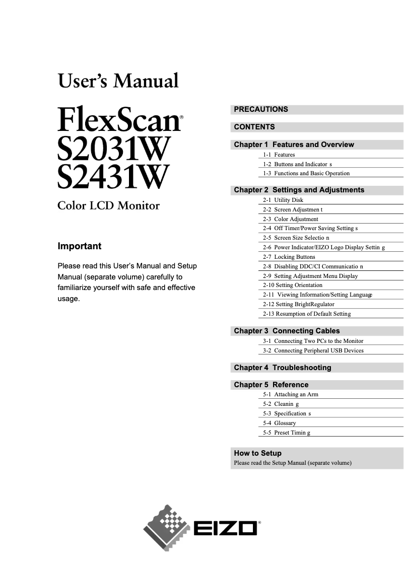 Page 1 de la notice Manuel utilisateur Eizo FlexScan S2031W