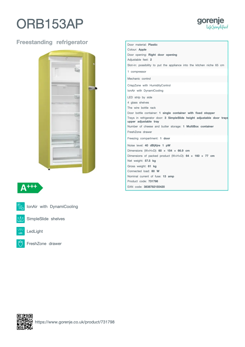 Page 1 de la notice Fiche technique Gorenje ORB153AP