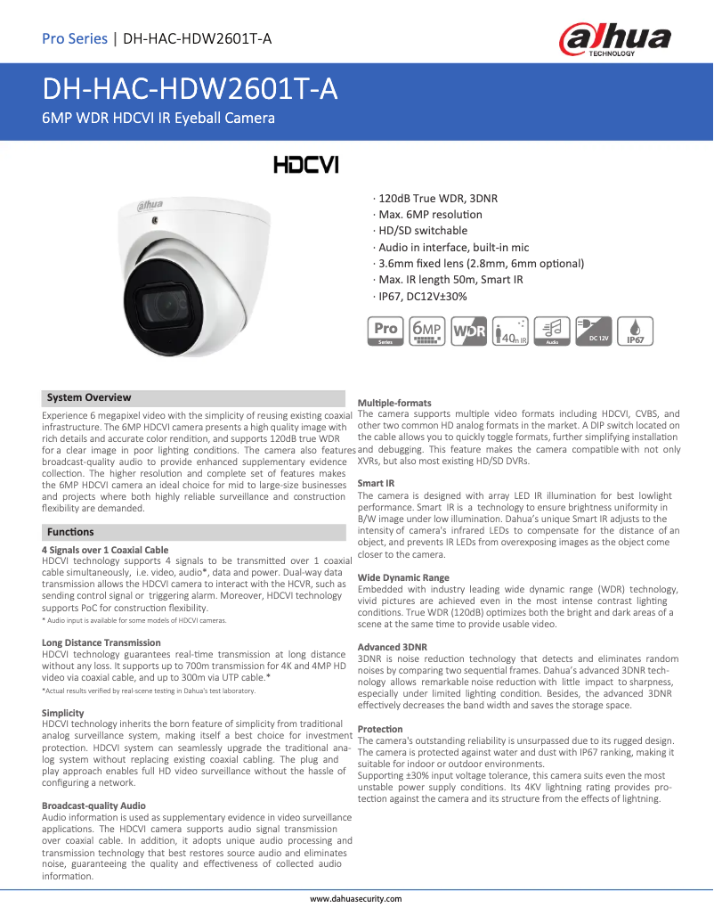 Page n°1 - Fiche technique Dahua Technology HAC-HDW2601T-A