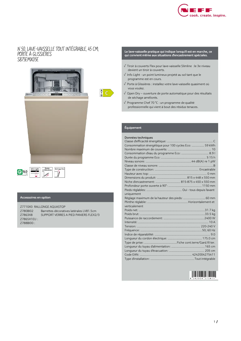 Page n°1 - Fiche technique Neff S875EMX05E