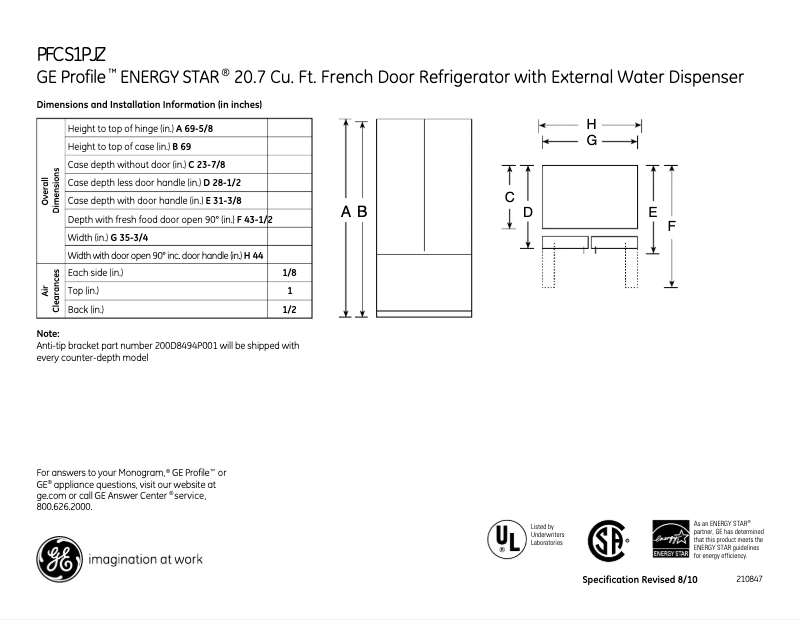 Page 1 de la notice Fiche technique GE Profile PFCS1PJZSS