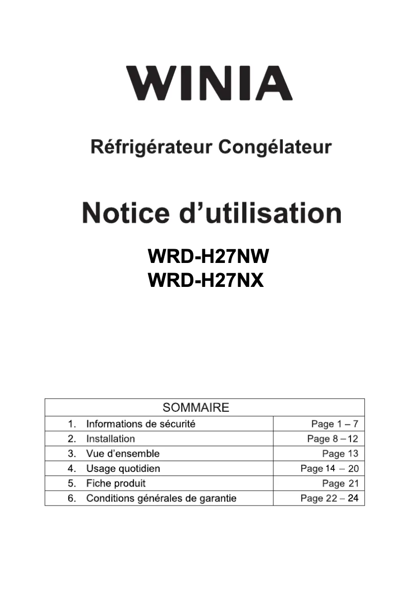 Page 1 de la notice Manuel utilisateur Winia WRD-H27NX