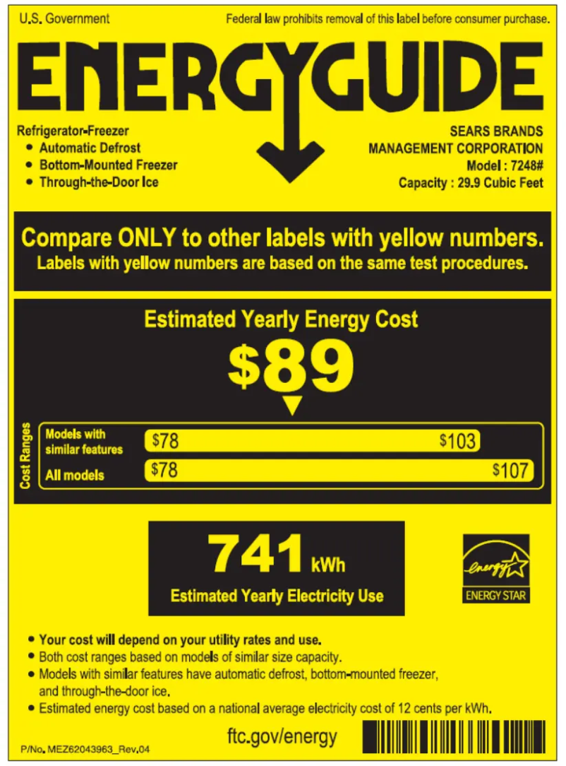 Page 1 de la notice Label énergétique Kenmore 72483