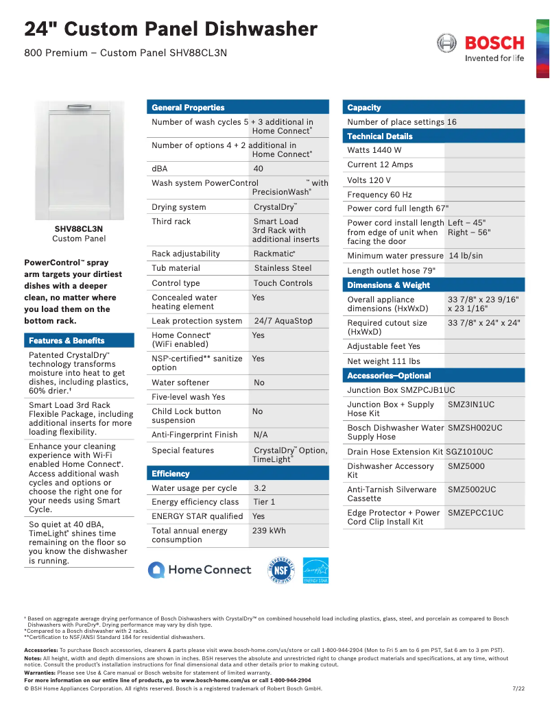 Page 1 de la notice Fiche technique Bosch SHV88CL3N