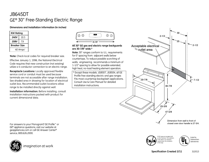 Page 1 de la notice Fiche technique GE JB645DTWW