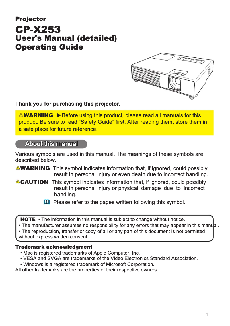Page n°1 - Manuel utilisateur Hitachi CP-X253
