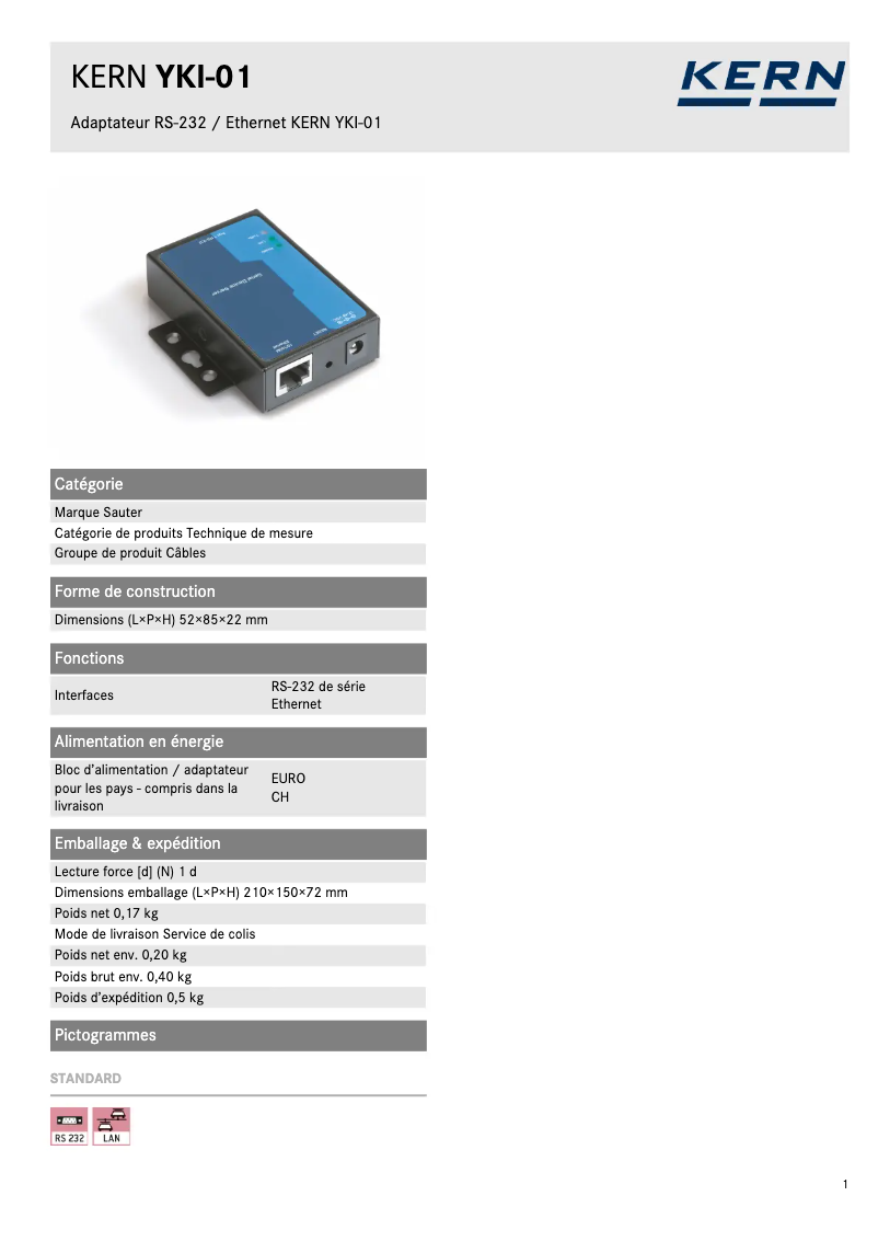 Page 1 de la notice Fiche technique Kern YKI-01