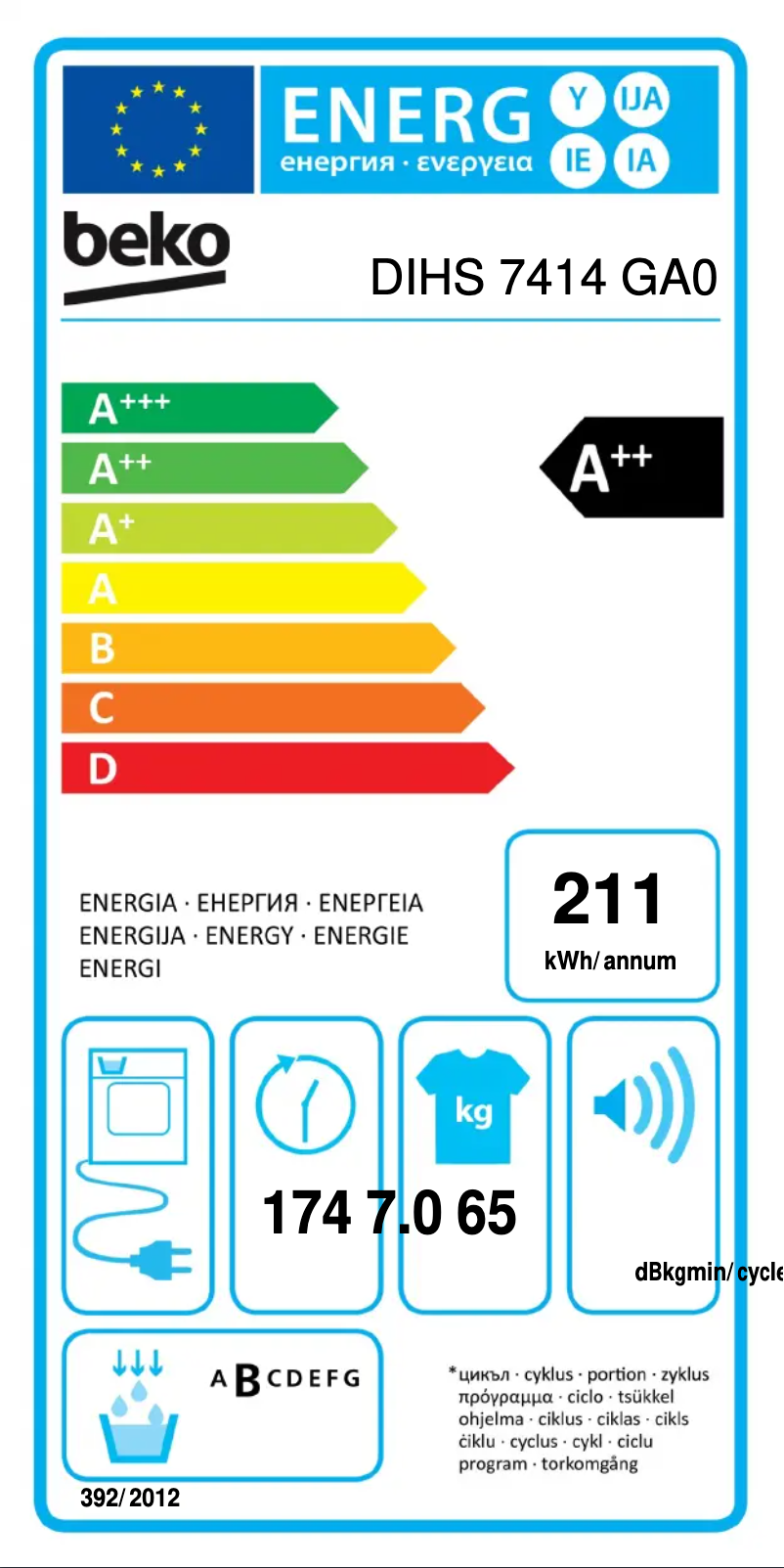 Page 1 de la notice Label énergétique Beko DIHS 7414 GA0