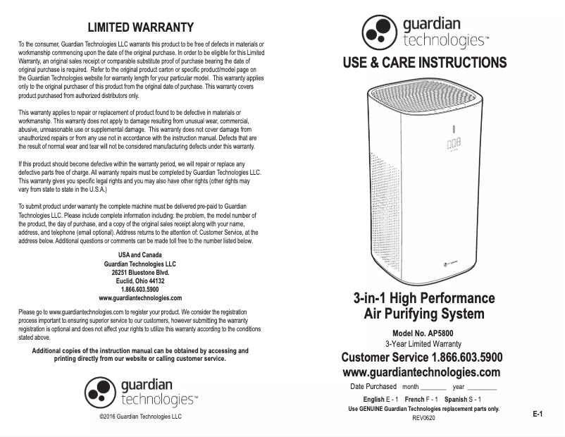 Page n°1 - Manuel utilisateur GermGuardian AP5800