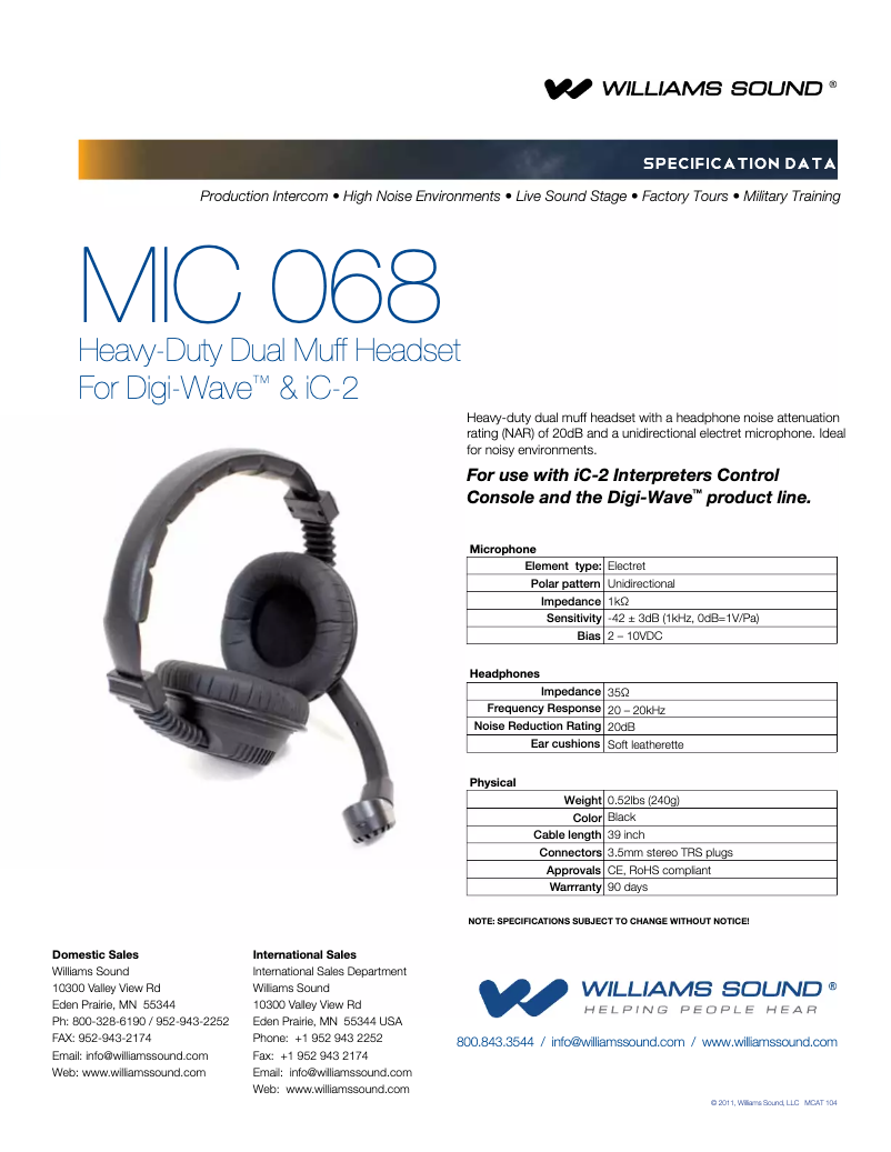 Página 1 del manual Manual de usuario Williams Sound Heavy-Duty Dual Muff MIC 068