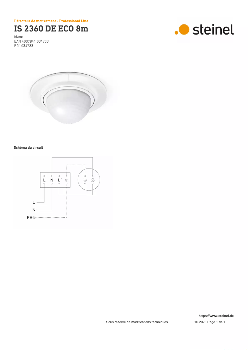 Page 1 de la notice Schéma de câblage Steinel IS 2360 DE ECO