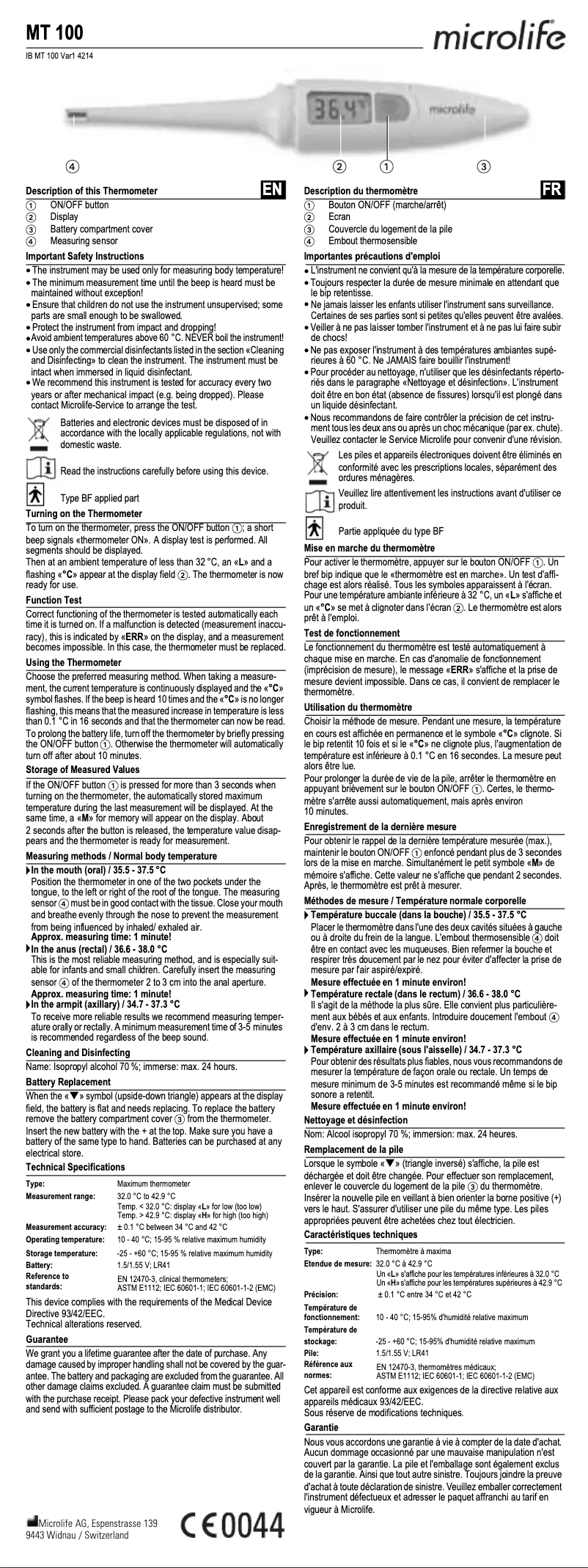 Page 1 de la notice Manuel utilisateur Microlife MT 100