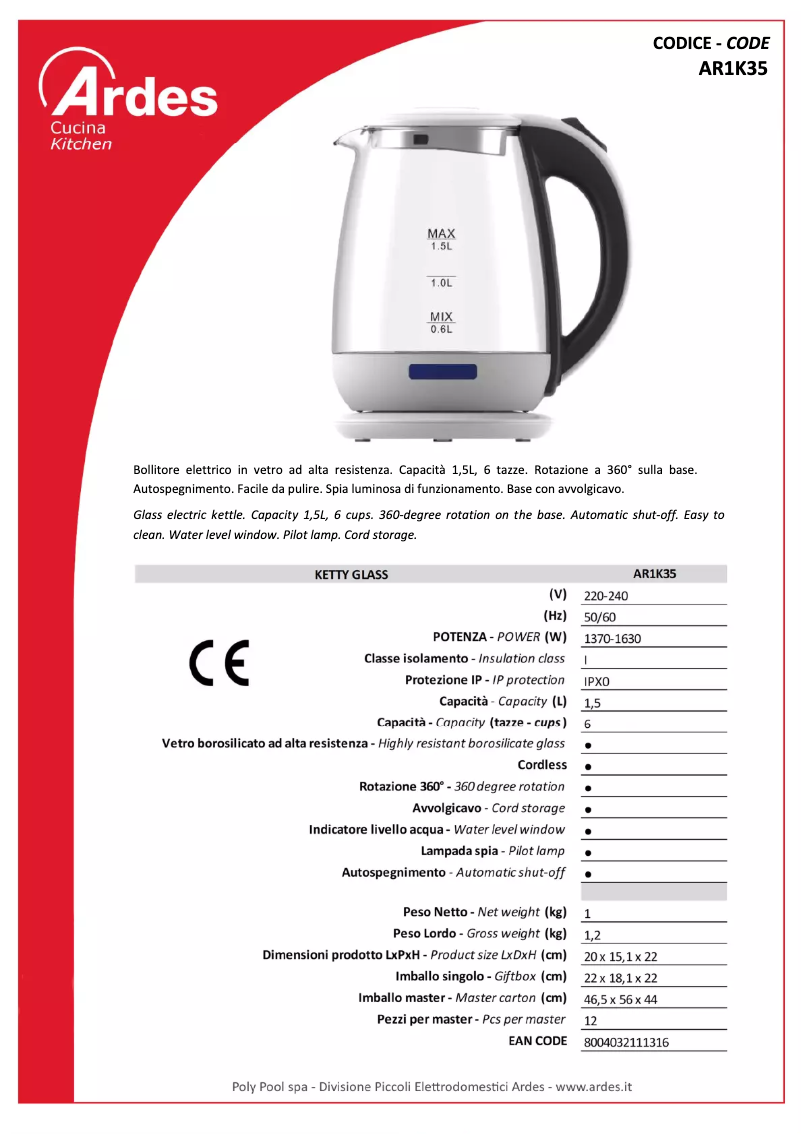 Página 1 del manual Ficha técnica Ardes AR1K35