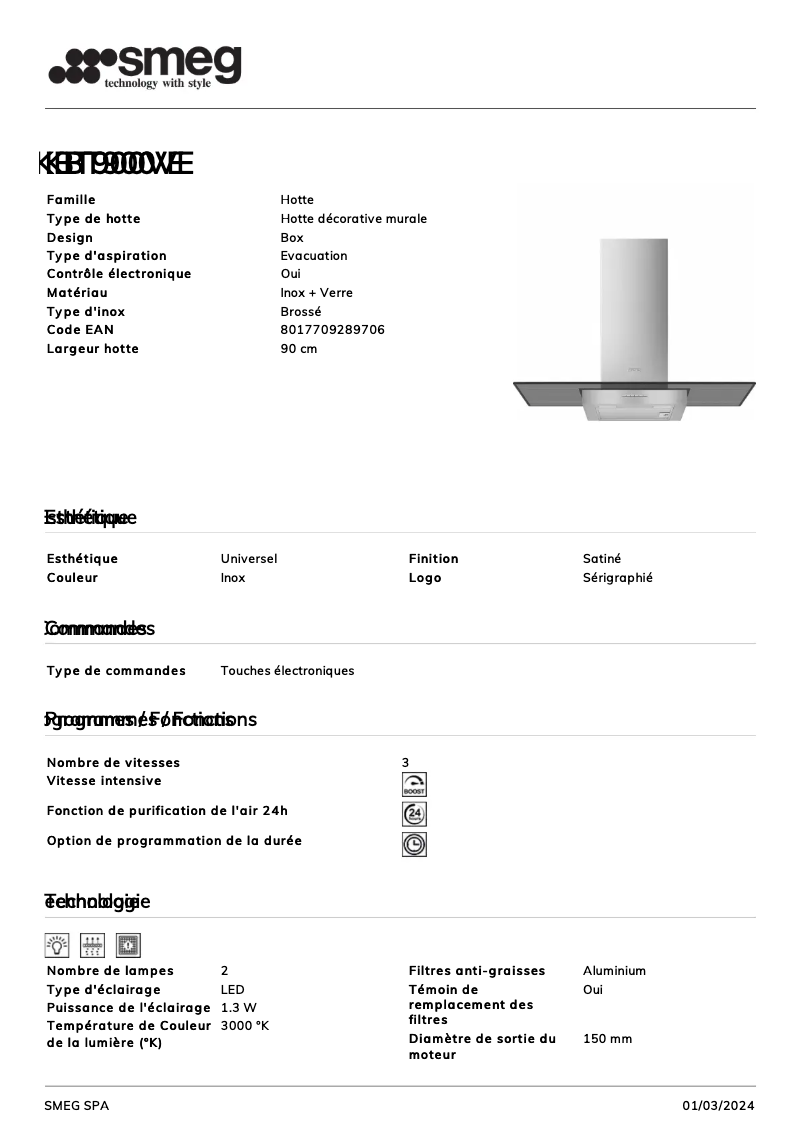 Page 1 de la notice Fiche technique Smeg KBT900VE