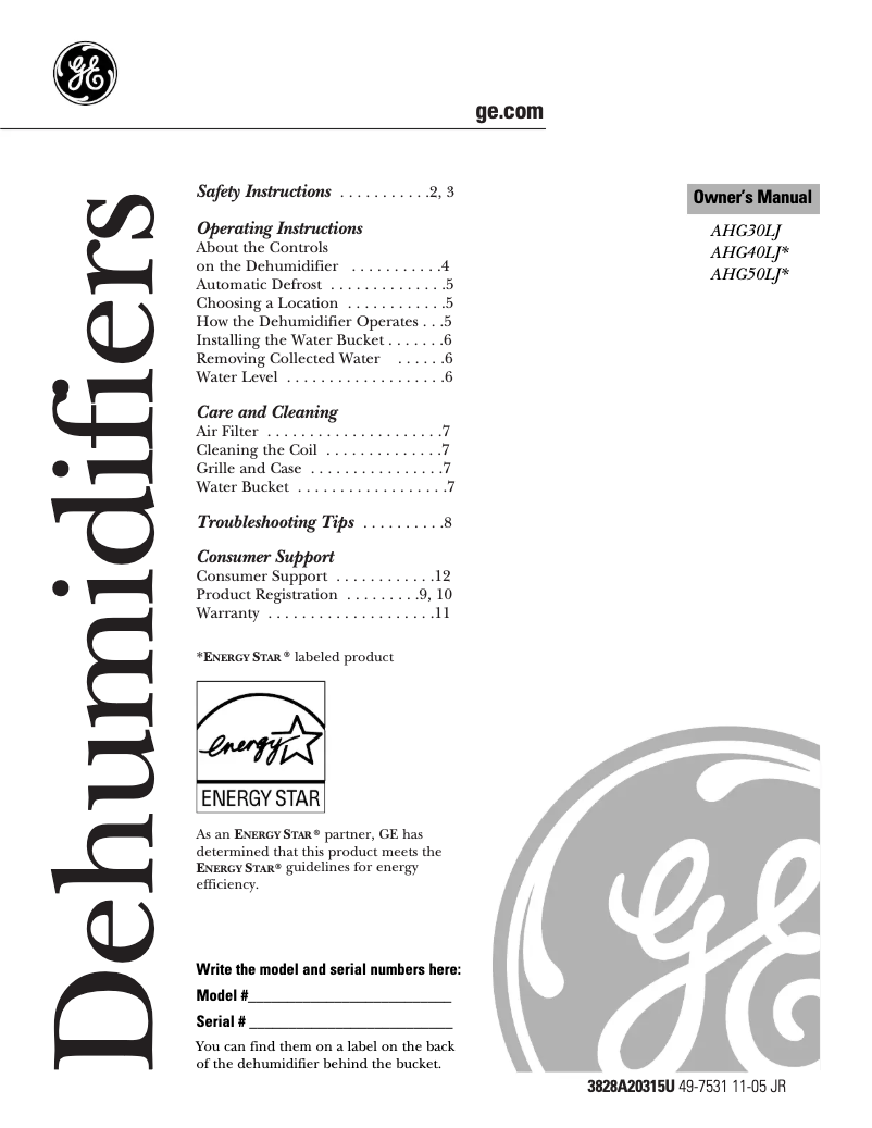 Page 1 de la notice Manuel d'utilisation et d'entretien GE AHG50LH