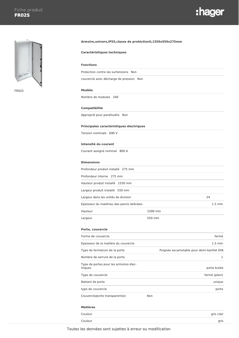 Page n°1 - Fiche technique Hager FR02S