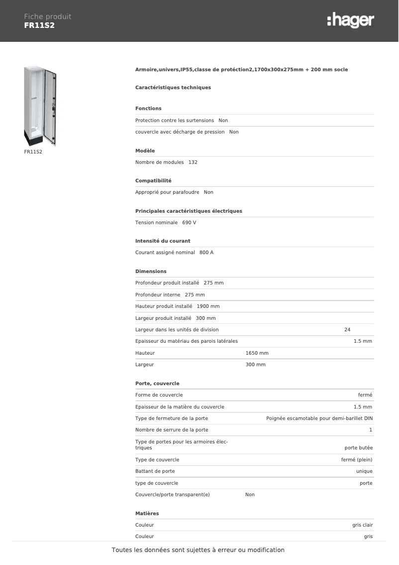 Page 1 de la notice Fiche technique Hager FR11S2