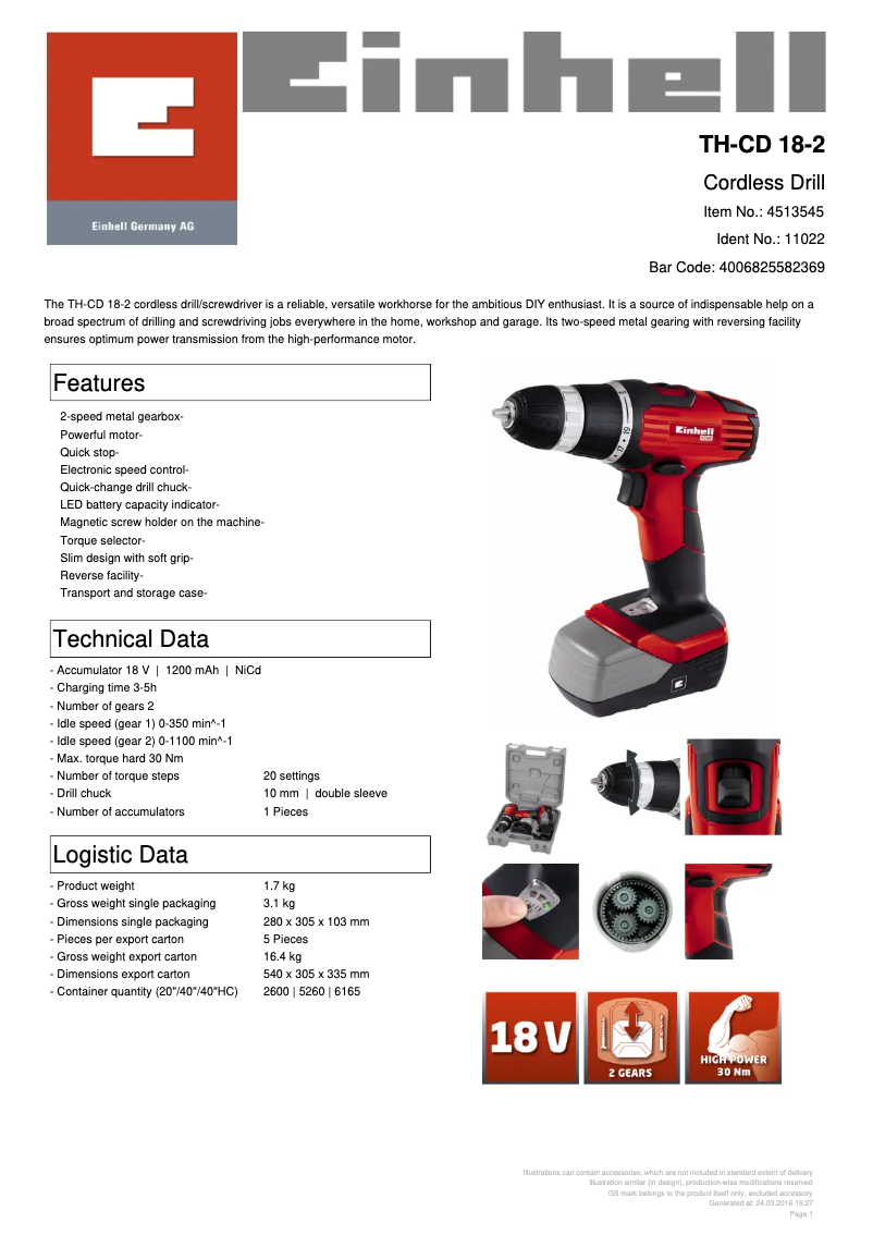 Page n°1 - Fiche technique Einhell TH-CD 18-2
