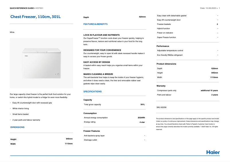 Page 1 de la notice Fiche technique Haier HCF301W