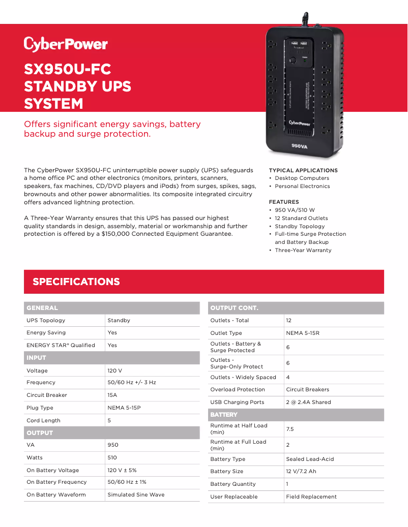 Page 1 de la notice Fiche technique CyberPower SX950U