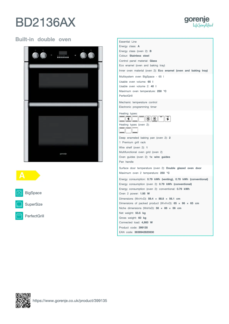 Page n°1 - Fiche technique Gorenje BD2136AX